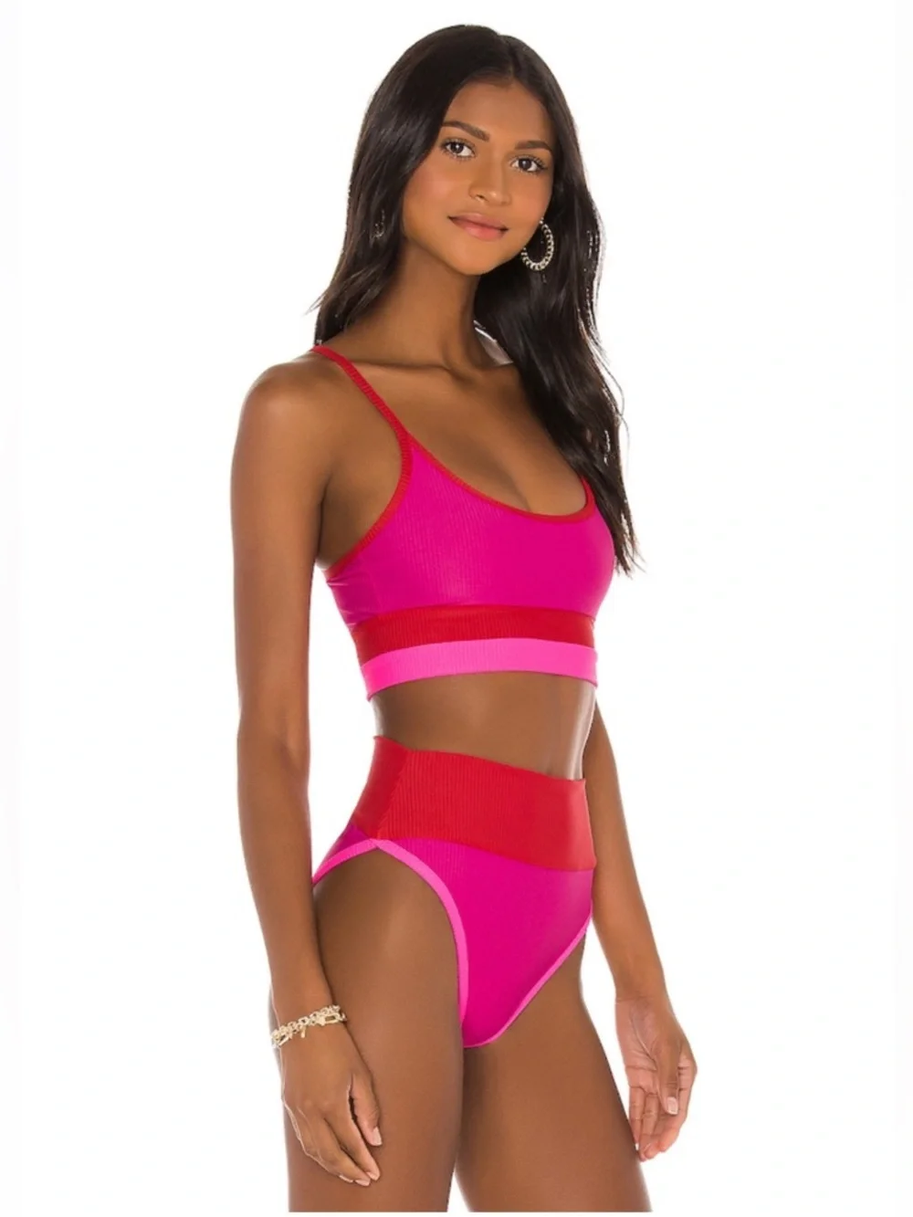 Beach Riot Eva Bikini Top M Emmy Bikini Bottom S Fuschia Red + Neon Pink NEW